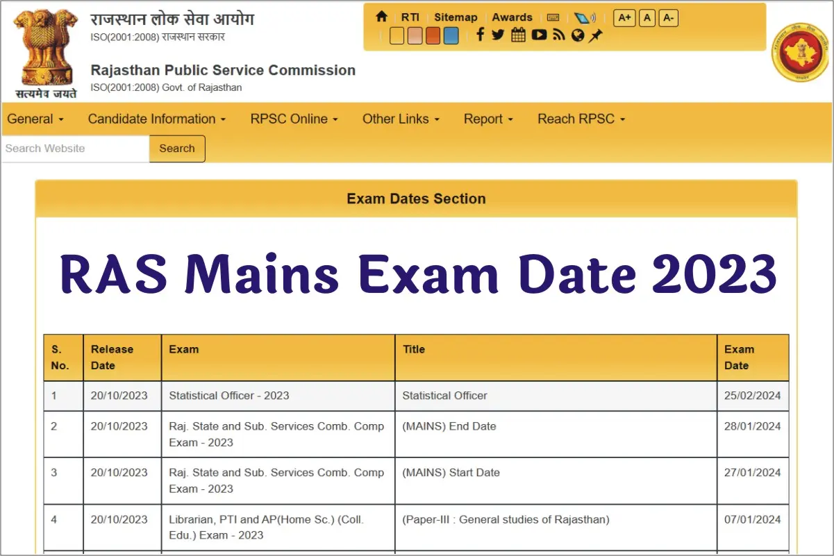 RAS Mains Exam Date 2023 आरएएस मैंस की नई परीक्षा तिथि का ऑफिसियल